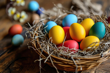 Obraz premium Colorful painted chicken easter eggs in wicker basket like bird nest on wooden table, flowered plant branch on background. Greeting card for Easter holidays.