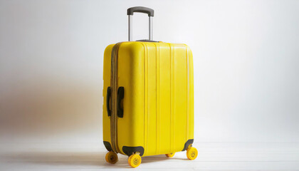Yellow suitcase with wheels on a white background. Place for text.