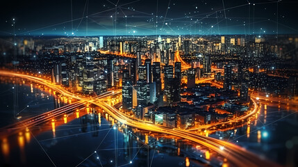 Fototapeta premium Futuristic cityscape skyscrapers illuminated by digital technology and neon lights