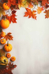 Naklejka na ściany i meble Fall background with orange pumpkins and fall leaves on a light surface