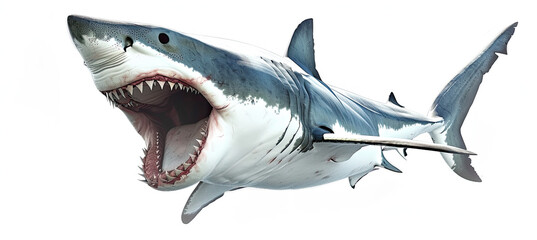 White shark big open mouth isolated on white background - obrazy, fototapety, plakaty