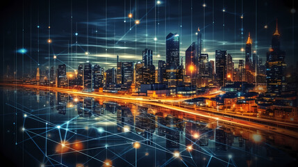 Fototapeta premium Futuristic cityscape skyscrapers illuminated by digital technology and neon lights