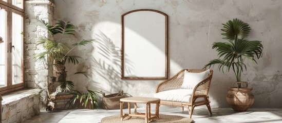 A charming living room with a wicker chair, wooden table, and elegant mirror. The room is filled with natural light from a window, creating a cozy and inviting atmosphere - obrazy, fototapety, plakaty