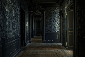 Fototapeta na wymiar Dark interior room with baroque wallpaper.