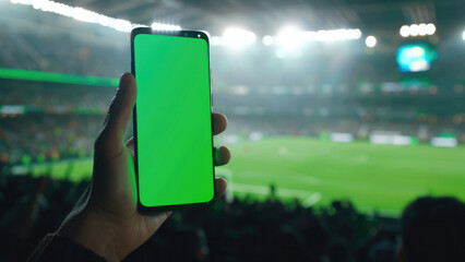 Human hand gripping phone with soccer field in background, intended for clipping path application
