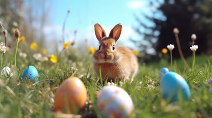 Fototapeta na wymiar Sunny Spring Day, Close-Up of Easter Bunny with Colorful Eggs in Grass
