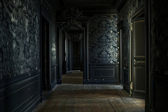 Dark interior room with baroque wallpaper.