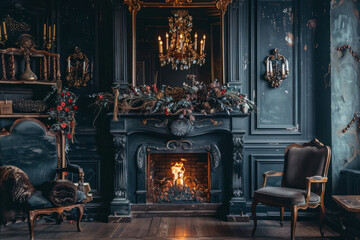 Decorative fireplace, vintage mirror and chandelier in classical black room interior. - obrazy, fototapety, plakaty
