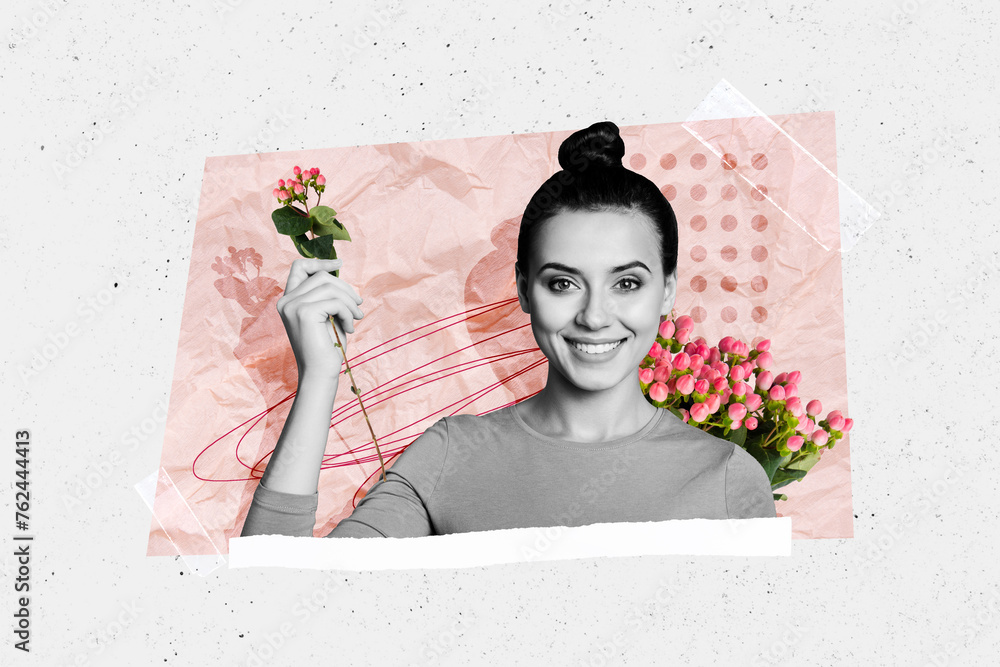 Wall mural Collage picture of cheerful black white colors girl arm hold fresh flower isolated on creative paper background