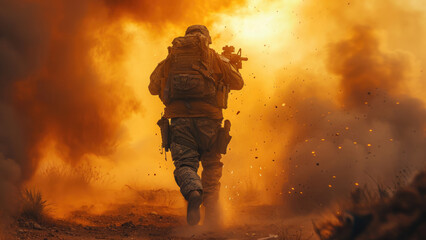 Soldier Standing amidst Devastation, Fire, and Smoke in War Zone
