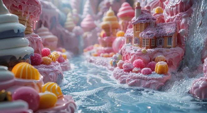 Flood of blue raspberry slush overwhelming a candy village