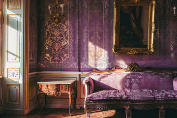 Retro vintage room with pattern in rococo style. Interior wallpaper. Rich Classic royal old home.