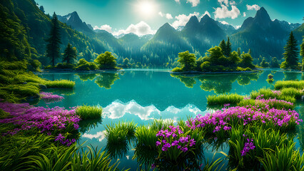 Beautiful lake view in summer, forest with lush trees and mountains with green trees in the...