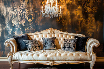 Royal sofa with pillows and chandelier in luxurious interior with ornament wallpapers.