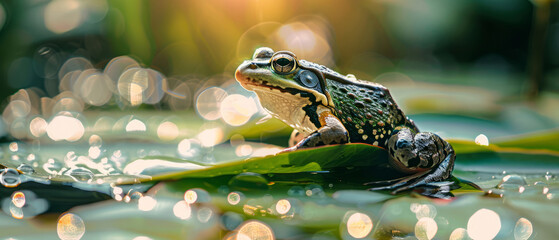  Frog sitting on a leaf in the pond, with the morning sunlight shining down, reflecting on the water's surface. Close-up shot.