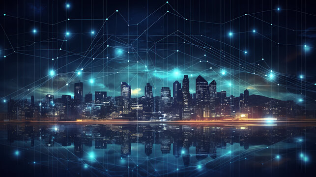 Futuristic cityscape skyscrapers illuminated by digital technology and neon lights