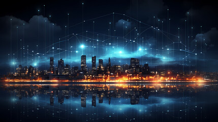 Fototapeta premium Futuristic cityscape skyscrapers illuminated by digital technology and neon lights