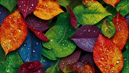 Close-up background of colorful and fantastic leaves and drops. AI generated