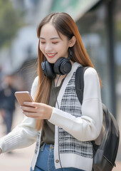 Happy Young Woman with Smartphone on Bike