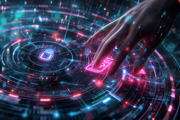 Obraz premium Hand Interacting with Holographic Encryption Wheel and Floating Code