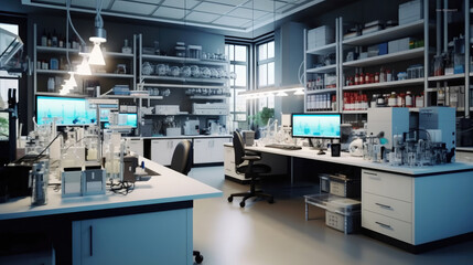 Modern Science Laboratory Interior with Research Desks and Analytic