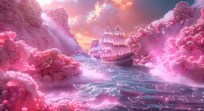 Enchanted chocolate craft floating on a dreamy candy river