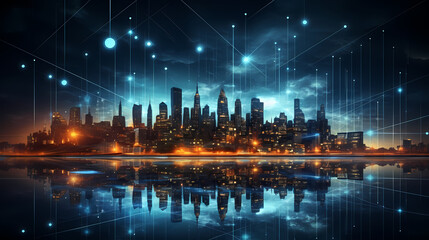 Fototapeta premium Futuristic cityscape skyscrapers illuminated by digital technology and neon lights