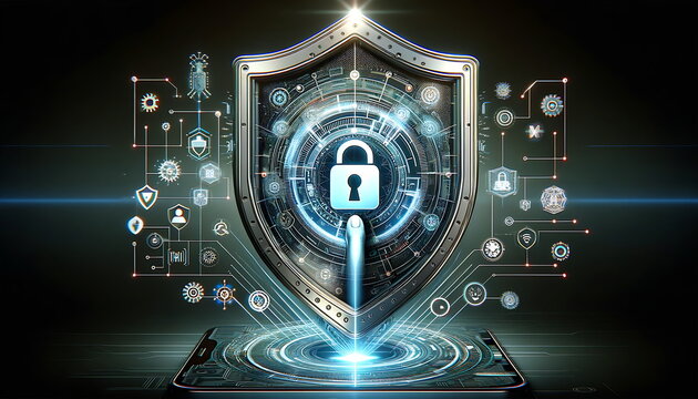 Cybersecurity Shield, Advanced Encryption Protecting Digital Data