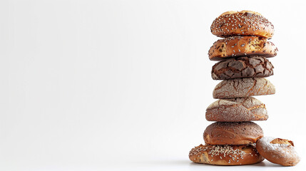 Fototapeta na wymiar Stack of various types of baked bread on white background. There is space for text. Generative AI.