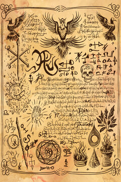 Witchcraft Old Book Page with Magic Spells