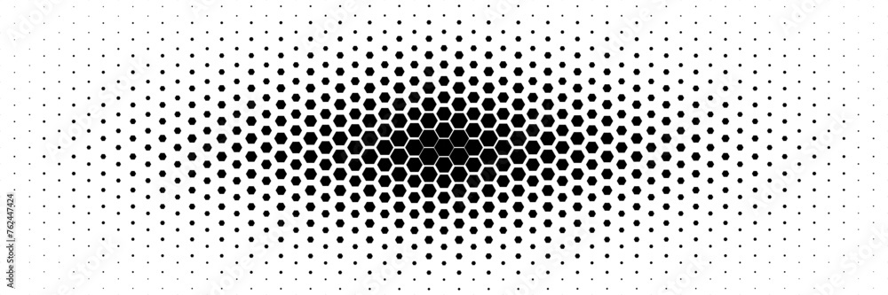 Poster horizontal halftone of black hexagon design for pattern and background.