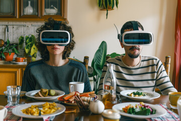 young couple sitting at a table wearing virtual reality glasses