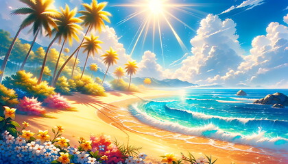 Fototapeta na wymiar Tropical Beach Paradise, Sun Kissed Ocean Waves and Palm Trees Landscape