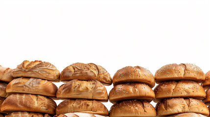 Stack of various types of baked bread on white background. There is space for text. Generative AI.