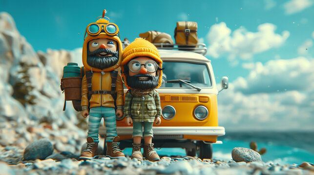 3D cartoon friends on a road trip celebrating freedom