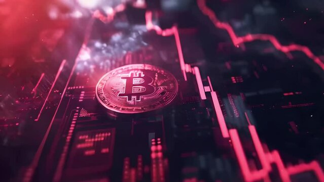Red stock market chart going down with bitcoin logo on it. Concept of tokenization, blockchain and digital money, digital currency and business security