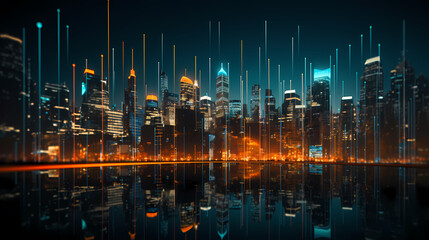 Futuristic cityscape skyscrapers illuminated by digital technology and neon lights