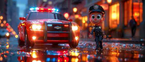 3D cartoon police officer ensuring safety patrol car lights flashing
