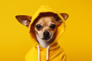 a dog wearing a yellow hoodie