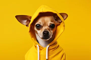 Foto op Plexiglas a dog wearing a yellow hoodie © Pavel22