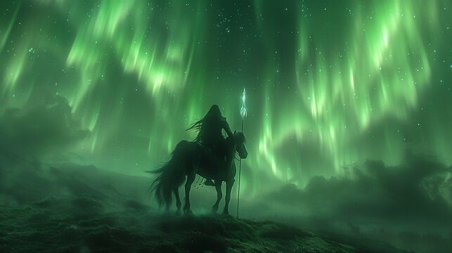 3D cartoon Valkyrie riding a steed through the northern lights