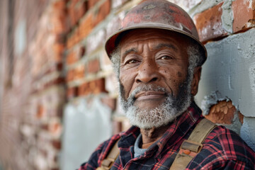 Portrait of a senior worker with a hard hat in front of a brick wall showing age and experience