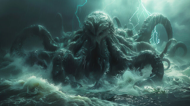 Animated 3D cartoon Cthulhu rising from the ocean storm raging