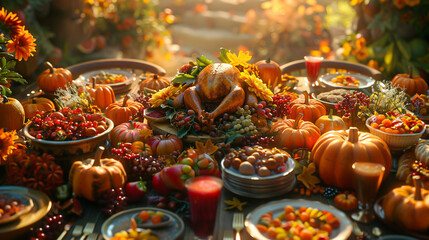 Animated 3D cartoon Thanksgiving dinner family around the table - obrazy, fototapety, plakaty
