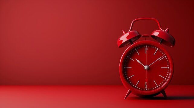 Minimalist red alarm clock standing out against a uniform red background