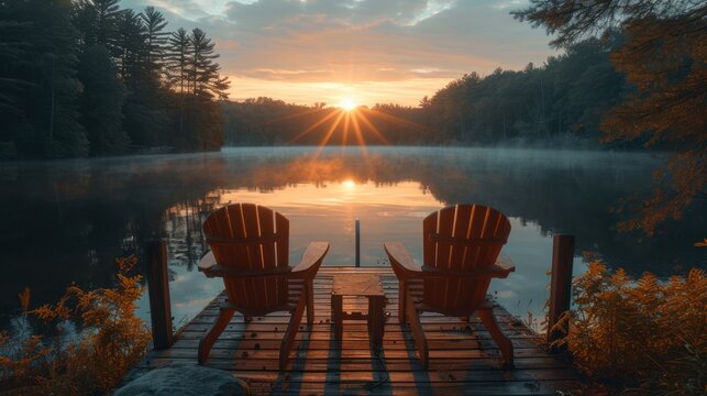 The sun rises on two empty chairs located on a dock on a lake
