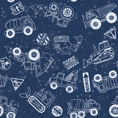Cute digger excavator tractor working vehicles and street sign patchwork vector seamless pattern for children wear fabric shirt sweatshirt pajamas grunge effect in separate layer - 762449039