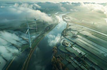 Wind turbines rise above the misty fields by a river, creating a surreal image of renewable energy's fusion with nature