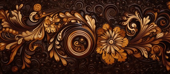 A detailed painting of a floral pattern on a dark brown background, showcasing symmetry and intricate circle designs. The artistry on wood adds depth to the visual arts event