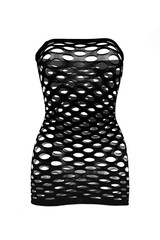 Close-up shot of a sexy black bandeau dress with holes. Women's tight erotic mini dress is isolated on a white background. Front view.